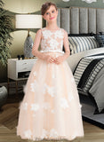 Taniyah Ball-Gown/Princess Scoop Neck Floor-Length Tulle Junior Bridesmaid Dress With Flower(s) Bow(s) STKP0013534