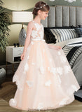 Taniyah Ball-Gown/Princess Scoop Neck Floor-Length Tulle Junior Bridesmaid Dress With Flower(s) Bow(s) STKP0013534