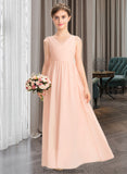 Evelin A-Line V-neck Floor-Length Chiffon Lace Junior Bridesmaid Dress With Ruffle STKP0013540