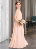 Evelin A-Line V-neck Floor-Length Chiffon Lace Junior Bridesmaid Dress With Ruffle STKP0013540