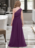 Trudie A-Line One-Shoulder Floor-Length Chiffon Junior Bridesmaid Dress With Ruffle STKP0013544