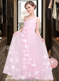 Reyna A-Line One-Shoulder Floor-Length Tulle Junior Bridesmaid Dress With Ruffle Flower(s) STKP0013546