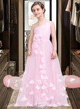 Reyna A-Line One-Shoulder Floor-Length Tulle Junior Bridesmaid Dress With Ruffle Flower(s) STKP0013546