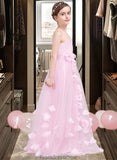 Reyna A-Line One-Shoulder Floor-Length Tulle Junior Bridesmaid Dress With Ruffle Flower(s) STKP0013546