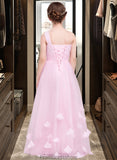 Reyna A-Line One-Shoulder Floor-Length Tulle Junior Bridesmaid Dress With Ruffle Flower(s) STKP0013546