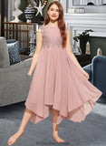 Nydia A-Line Scoop Neck Tea-Length Chiffon Lace Junior Bridesmaid Dress STKP0013547