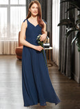 Joan A-Line V-neck Floor-Length Chiffon Junior Bridesmaid Dress With Bow(s) STKP0013548