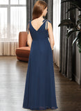 Joan A-Line V-neck Floor-Length Chiffon Junior Bridesmaid Dress With Bow(s) STKP0013548