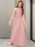 Eden A-Line Scoop Neck Floor-Length Chiffon Lace Junior Bridesmaid Dress STKP0013549