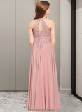 Eden A-Line Scoop Neck Floor-Length Chiffon Lace Junior Bridesmaid Dress STKP0013549