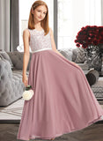 Rebecca A-Line V-neck Floor-Length Chiffon Lace Junior Bridesmaid Dress STKP0013552