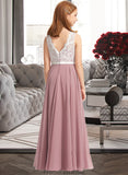 Rebecca A-Line V-neck Floor-Length Chiffon Lace Junior Bridesmaid Dress STKP0013552