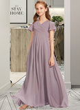 Kaelyn A-Line V-neck Floor-Length Chiffon Junior Bridesmaid Dress With Ruffle STKP0013554