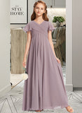 Kaelyn A-Line V-neck Floor-Length Chiffon Junior Bridesmaid Dress With Ruffle STKP0013554