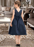 Elisa A-Line Scoop Neck Knee-Length Satin Lace Junior Bridesmaid Dress With Beading Bow(s) STKP0013559