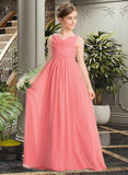 Clara EmpireV-neckFloor-LengthChiffonJuniorBridesmaidDressWithRuffleBeadingSequins#173291 STKP0013562