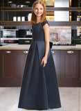 Azul A-Line Scoop Neck Floor-Length Satin Lace Junior Bridesmaid Dress With Beading Sequins Bow(s) STKP0013574