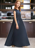 Azul A-Line Scoop Neck Floor-Length Satin Lace Junior Bridesmaid Dress With Beading Sequins Bow(s) STKP0013574