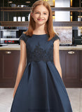 Azul A-Line Scoop Neck Floor-Length Satin Lace Junior Bridesmaid Dress With Beading Sequins Bow(s) STKP0013574