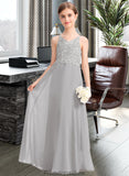 Taliyah A-Line V-neck Floor-Length Chiffon Lace Junior Bridesmaid Dress STKP0013579