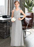 Taliyah A-Line V-neck Floor-Length Chiffon Lace Junior Bridesmaid Dress STKP0013579