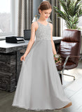 Taliyah A-Line V-neck Floor-Length Chiffon Lace Junior Bridesmaid Dress STKP0013579