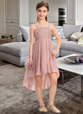 Kaylynn A-Line Square Neckline Asymmetrical Chiffon Lace Junior Bridesmaid Dress STKP0013580