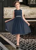 Kendra A-Line Scoop Neck Knee-Length Chiffon Lace Junior Bridesmaid Dress With Beading Sequins Bow(s) STKP0013583