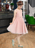 Carolina A-Line V-neck Knee-Length Chiffon Junior Bridesmaid Dress With Bow(s) STKP0013586