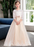 Abbey Ball-Gown/Princess Scoop Neck Floor-Length Tulle Lace Junior Bridesmaid Dress With Sash Beading Bow(s) STKP0013589