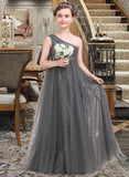 Phoenix A-Line One-Shoulder Floor-Length Tulle Sequined Junior Bridesmaid Dress With Ruffle STKP0013592