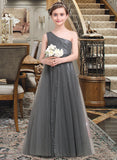 Phoenix A-Line One-Shoulder Floor-Length Tulle Sequined Junior Bridesmaid Dress With Ruffle STKP0013592