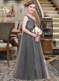 Phoenix A-Line One-Shoulder Floor-Length Tulle Sequined Junior Bridesmaid Dress With Ruffle STKP0013592