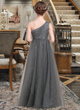 Phoenix A-Line One-Shoulder Floor-Length Tulle Sequined Junior Bridesmaid Dress With Ruffle STKP0013592