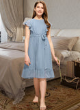 Poll A-Line Scoop Neck Knee-Length Chiffon Junior Bridesmaid Dress With Bow(s) Cascading Ruffles STKP0013601