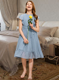 Poll A-Line Scoop Neck Knee-Length Chiffon Junior Bridesmaid Dress With Bow(s) Cascading Ruffles STKP0013601