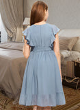 Poll A-Line Scoop Neck Knee-Length Chiffon Junior Bridesmaid Dress With Bow(s) Cascading Ruffles STKP0013601