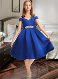 Clara A-Line Off-the-Shoulder Knee-Length Satin Junior Bridesmaid Dress With Beading Bow(s) STKP0013605