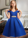 Clara A-Line Off-the-Shoulder Knee-Length Satin Junior Bridesmaid Dress With Beading Bow(s) STKP0013605