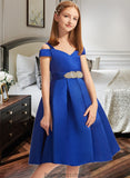 Clara A-Line Off-the-Shoulder Knee-Length Satin Junior Bridesmaid Dress With Beading Bow(s) STKP0013605