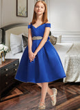 Clara A-Line Off-the-Shoulder Knee-Length Satin Junior Bridesmaid Dress With Beading Bow(s) STKP0013605