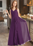 Adeline A-Line V-neck Floor-Length Chiffon Junior Bridesmaid Dress With Ruffles STKP0013607