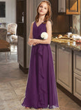 Adeline A-Line V-neck Floor-Length Chiffon Junior Bridesmaid Dress With Ruffles STKP0013607