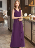 Adeline A-Line V-neck Floor-Length Chiffon Junior Bridesmaid Dress With Ruffles STKP0013607