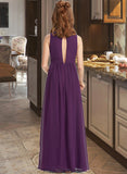 Adeline A-Line V-neck Floor-Length Chiffon Junior Bridesmaid Dress With Ruffles STKP0013607