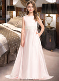 Jolie A-Line Scoop Neck Sweep Train Satin Lace Junior Bridesmaid Dress With Bow(s) Pockets STKP0013609