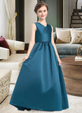 Lara Ball-Gown/Princess V-neck Floor-Length Satin Junior Bridesmaid Dress With Ruffle STKP0013613