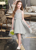 Sandy A-Line Scoop Neck Asymmetrical Satin Junior Bridesmaid Dress STKP0013618