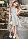 Sandy A-Line Scoop Neck Asymmetrical Satin Junior Bridesmaid Dress STKP0013618