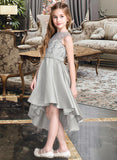 Sandy A-Line Scoop Neck Asymmetrical Satin Junior Bridesmaid Dress STKP0013618